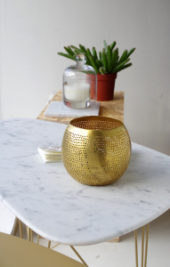 Coffee table set with gold-plated feet, Carrara white marble and gold-plate top.