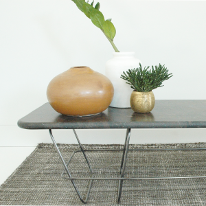 Hand-crafted coffee table, hand-burnished metal feet, Brazilian Brescia marble top.