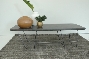 Hand-crafted coffee table, hand-burnished metal feet, Brazilian Brescia marble top.