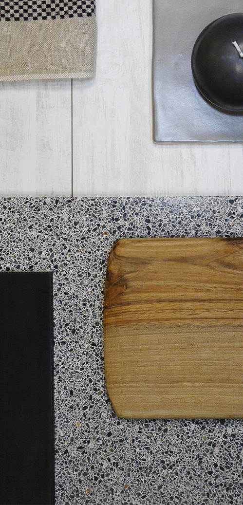 Retour du granito mood board Mélange de matière bois granito aux Ateliers Sansone, tendance du granito
